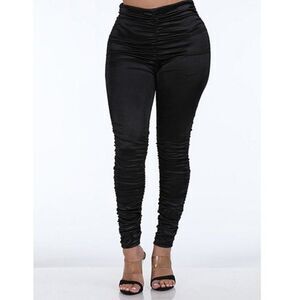 Black High Waist Satin Feel Ruched Leggings
